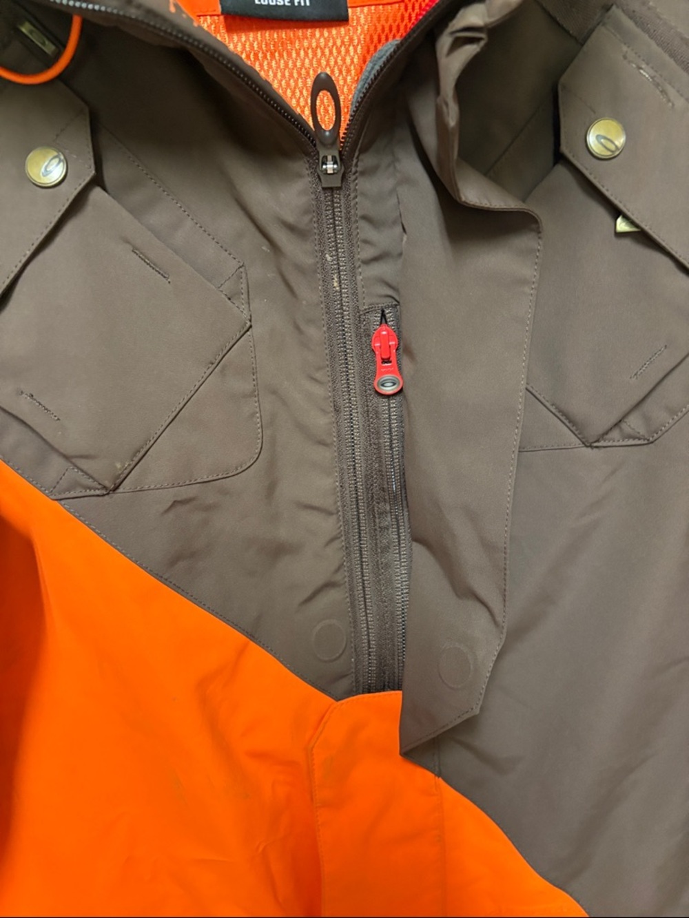 Oakley Orange and Brown Diagonal Colorblock Ski Jacket - Picture 6 of 6